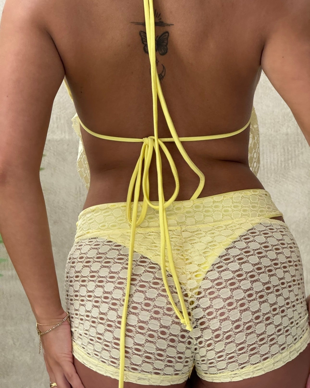 Butter yellow drape ruched low rise shorts